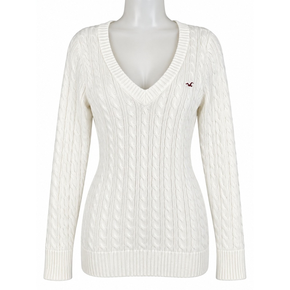 Hollister Cable Knit V-Neck Sweater Women Medium Cream White Y2K Preppy Coquette